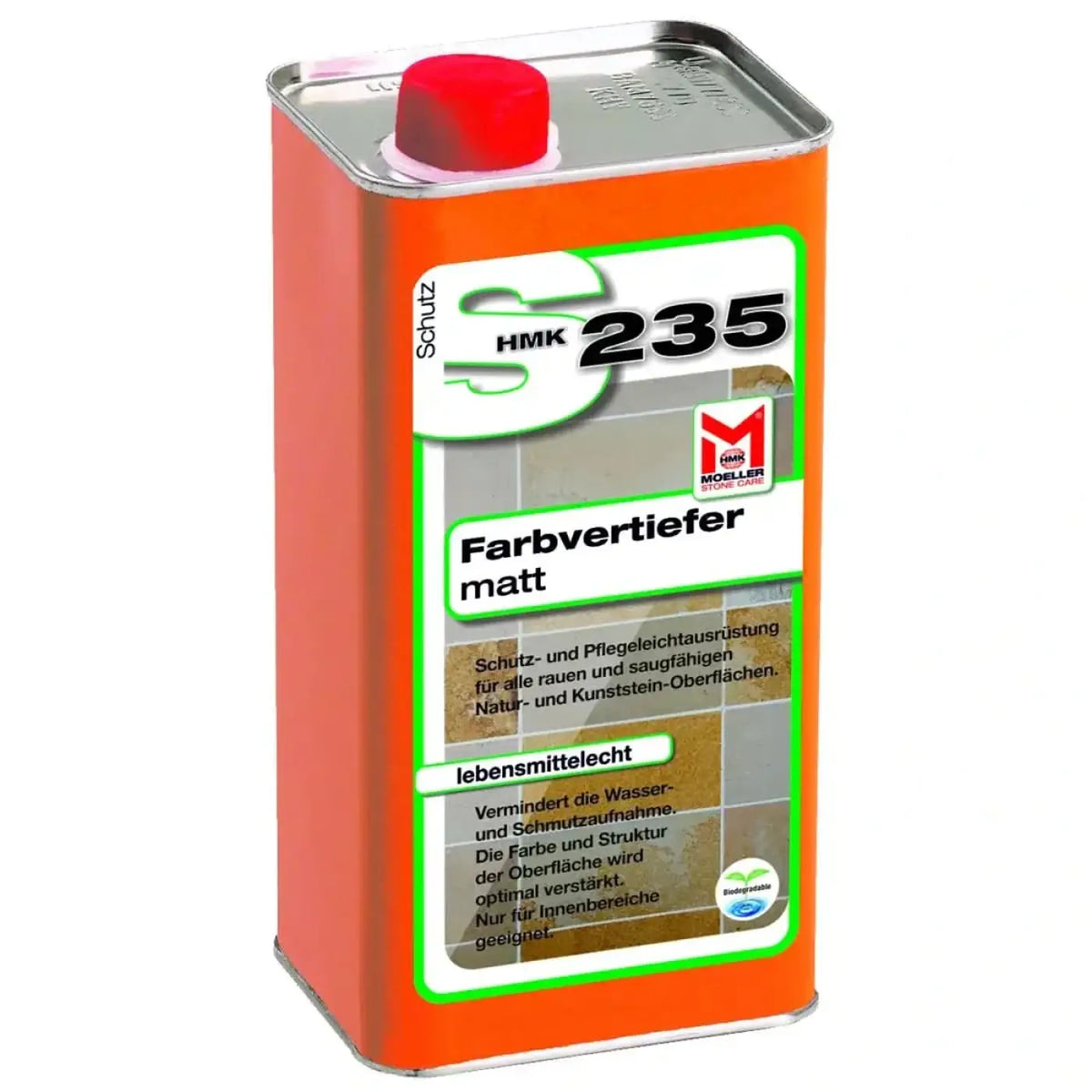 Orange metalldose mit rotem deckel und grünem etikett der marke hmk 235 für matt farbvertiefer steinversiegelung 1l