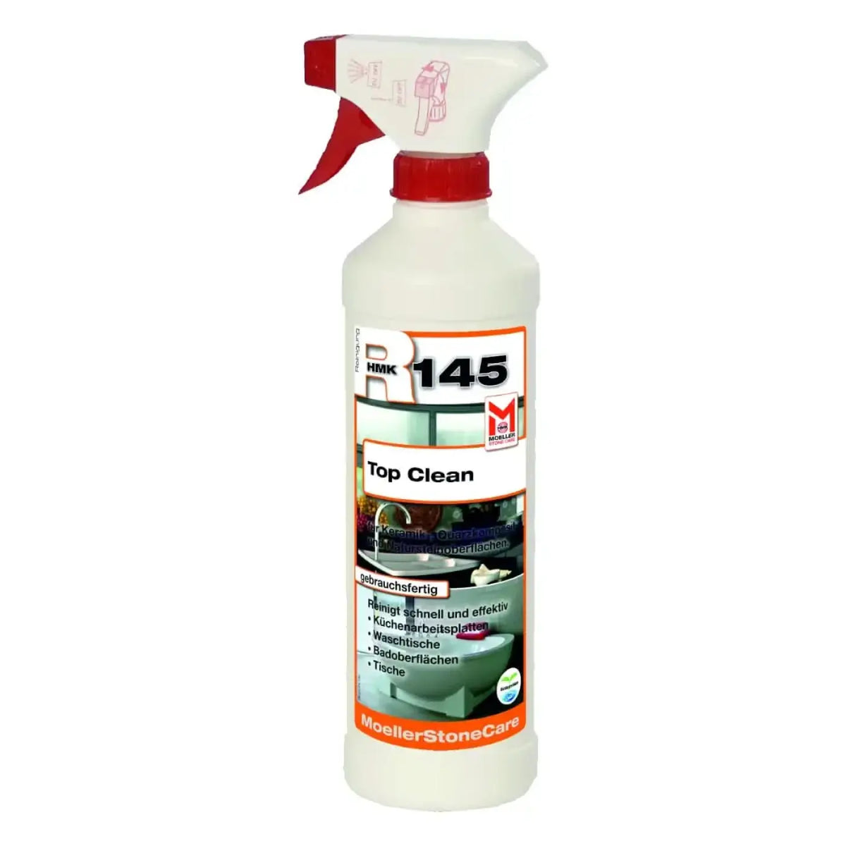 Weiße plastik-sprühflasche mit rotem abzug und deckel etikettiert r145 top clean von moellerstonecare steinreiniger 250ml