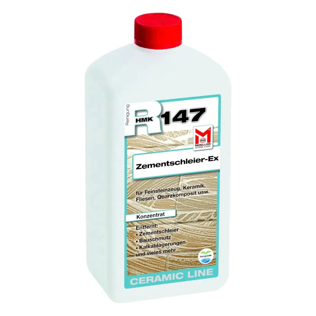 Weiße plastikflasche mit rotem verschluss und türkisfarbenem etikett hmkr147 keramikfliesen reinigungskonzentrat
