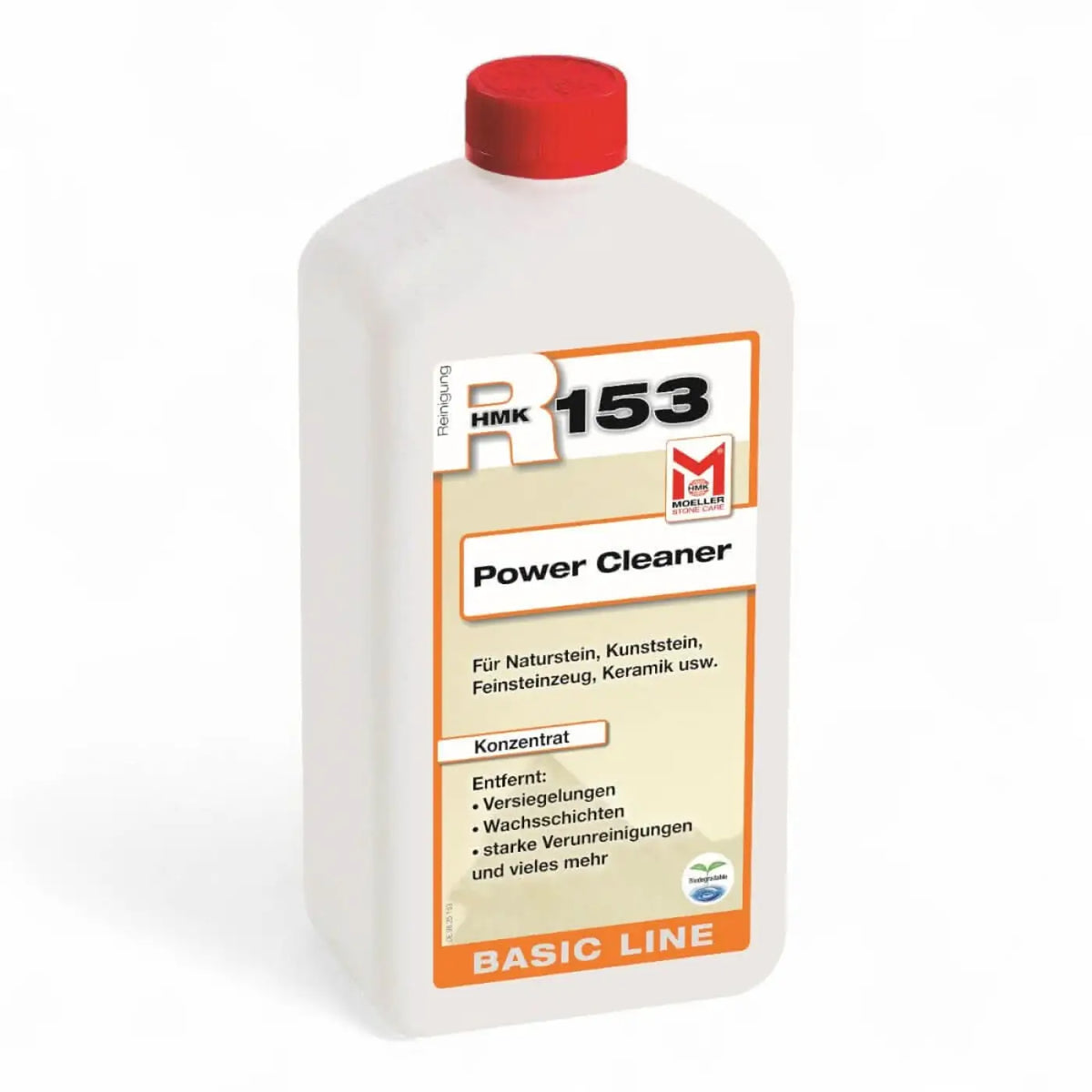 Weiße plastikflasche mit rotem verschluss und orangefarbenem etikett power cleaner von hmk 153 zur reinigung
