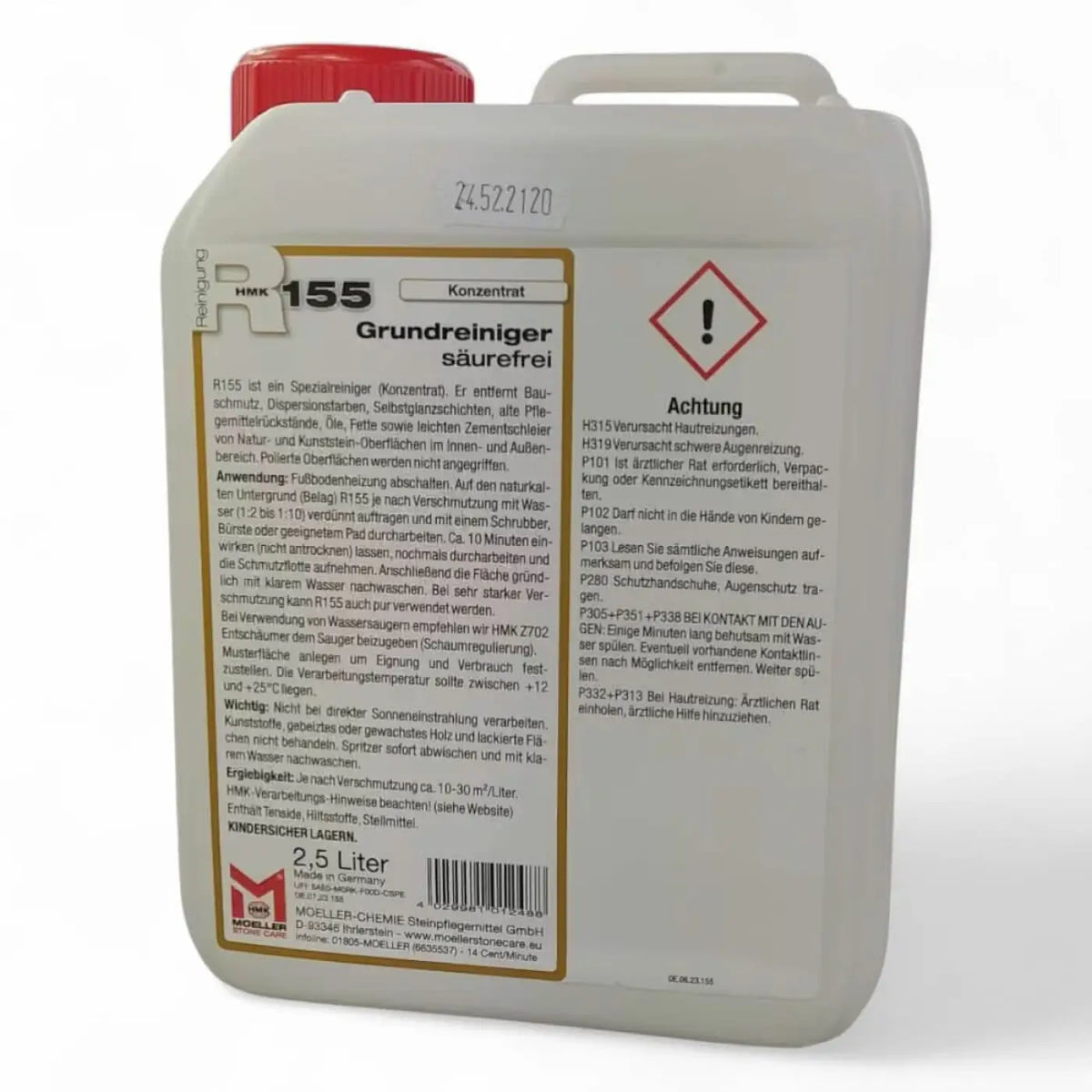 Weißer plastikkanister mit rotem verschluss und etikett hmk 155 grundreiniger säurefrei von moeller chemie für naturstein und kunststein