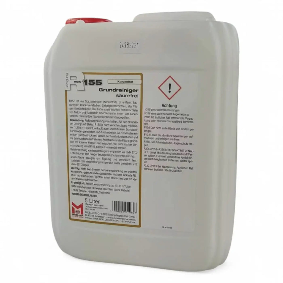 Weißer 5-liter kunststoffkanister mit rotem deckel und goldfarbenem etikett für hmk r155 grundreiniger säurefrei