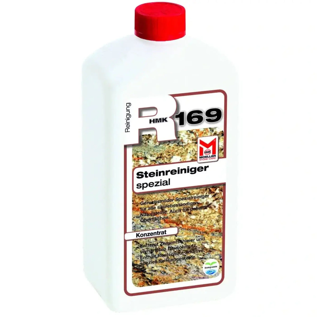 Weiße plastikflasche mit rotem deckel und label hmk 169 steinreiniger spezial von möller zur reinigung saurer natursteine