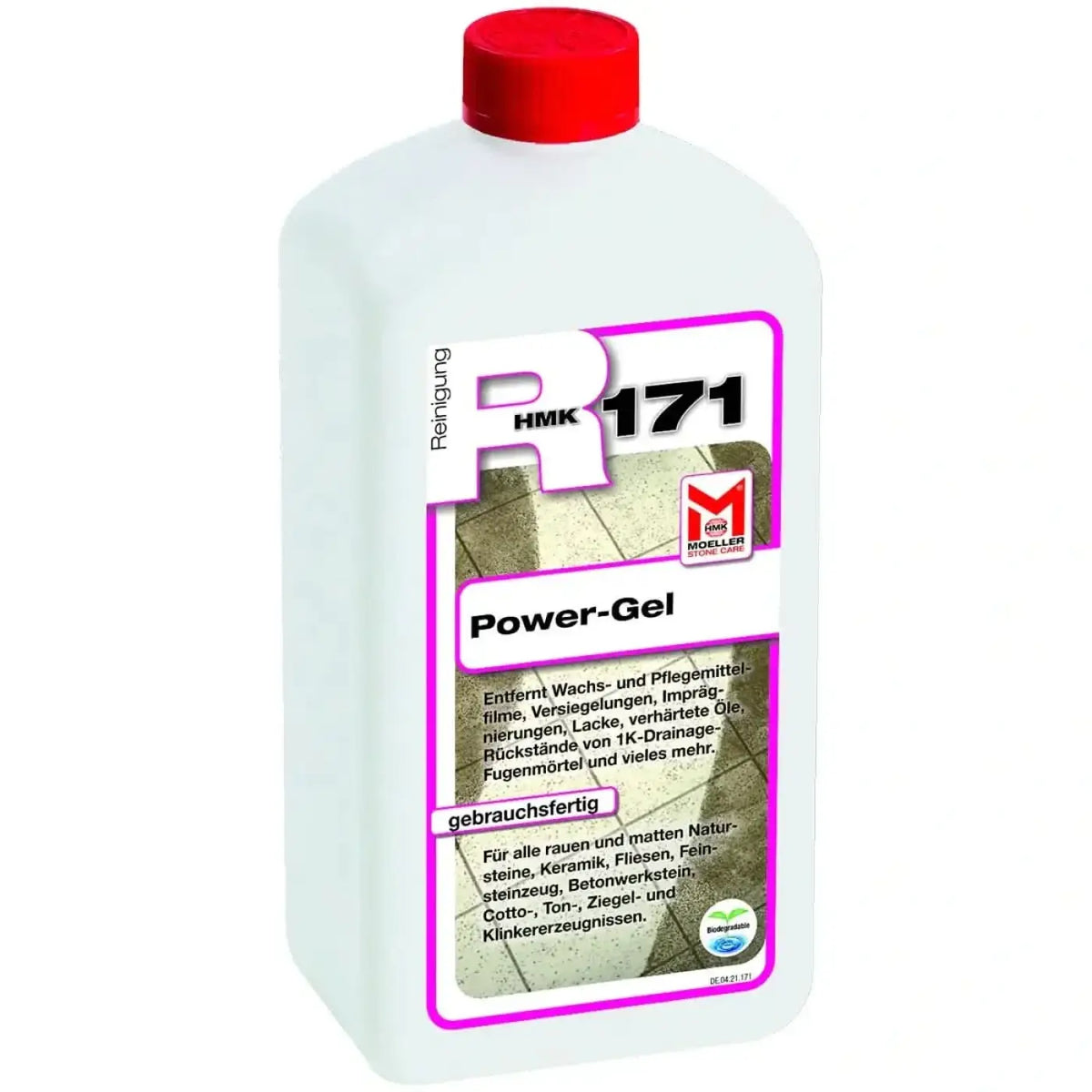 Weiße kunststoffflasche mit rotem deckel und lila etikett mit power-gel von möller stone care 1 liter