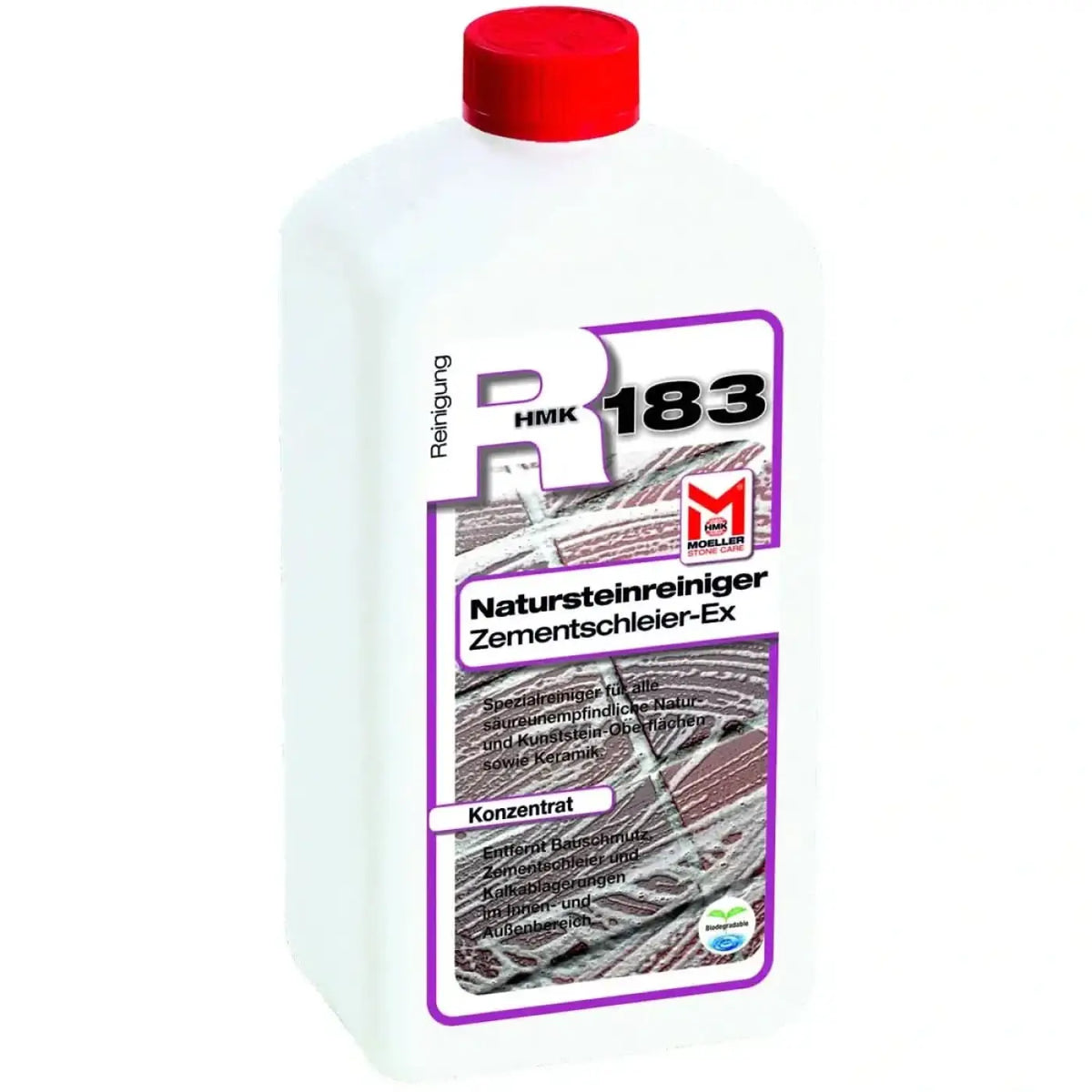 Weiße kunststoffflasche mit rotem verschluss und lila etikett von möller stone care hmk 183 natursteinreiniger zementschleier-ex 5l