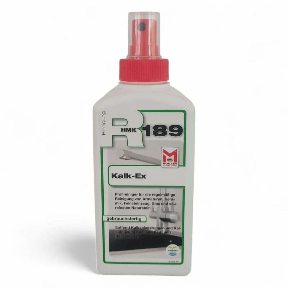 Weiße kunststoff-sprühflasche mit rotem deckel und grünem etikett hmk 189 kalk-ex zur kalkentfernung 250ml