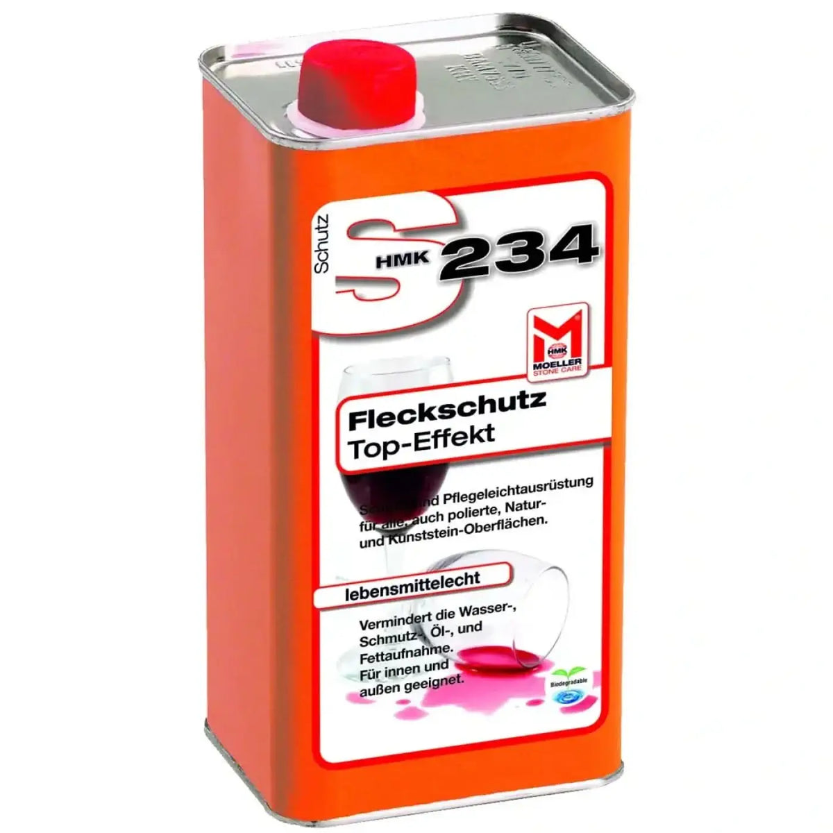 Orange metalldose mit rotem deckel und weißem etikett mit schutz hmk 234 für fleckenschutz 5l top-effekt