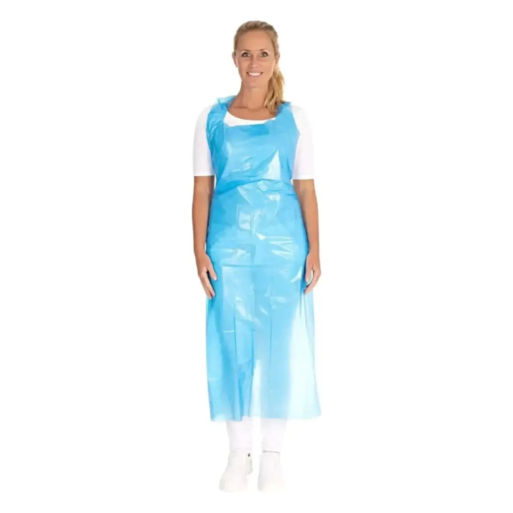 Lightblaue transparente Einwegschürze von HYGNORM mit einfachem Design und Fronttaschen 33µ 50 Stück blau