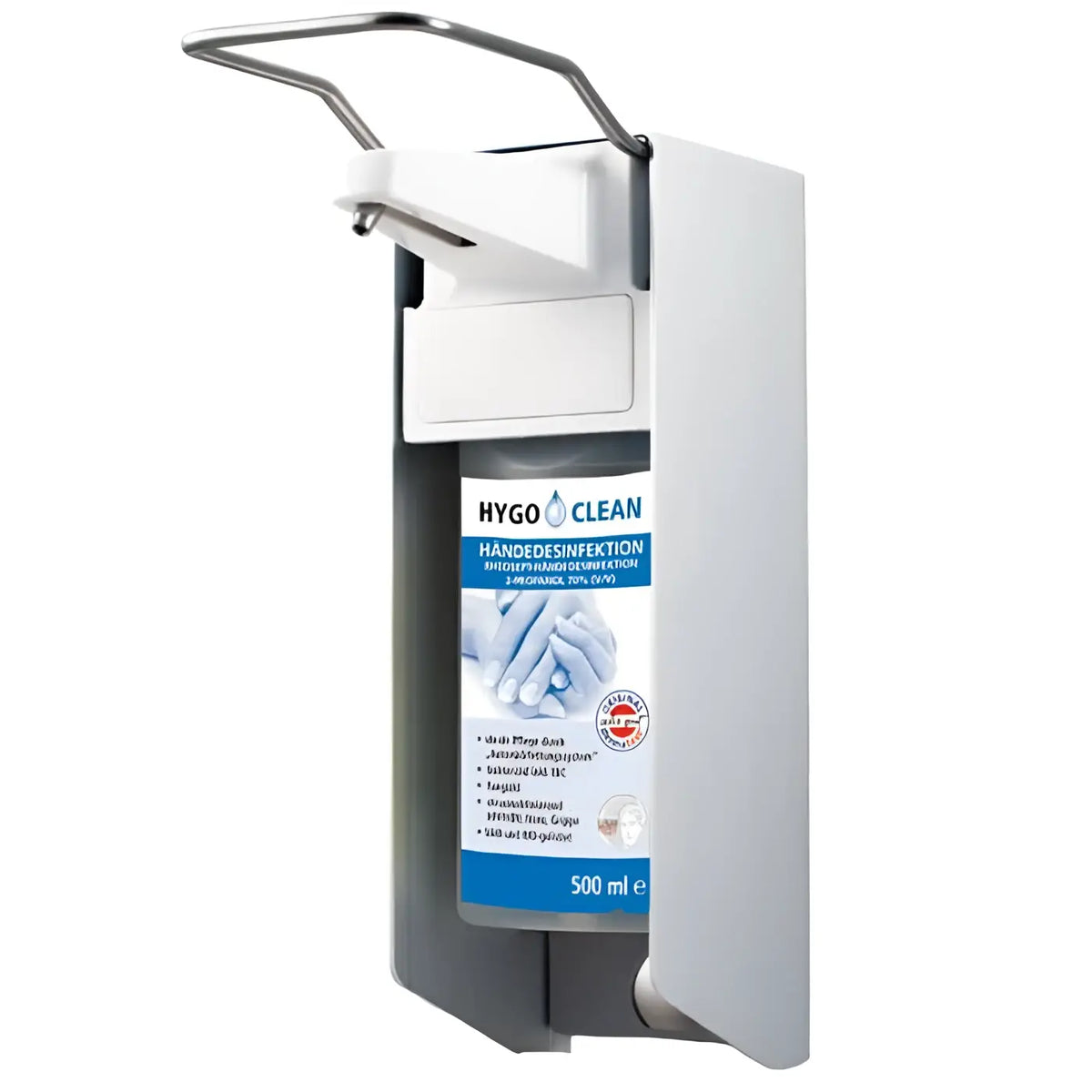 Weißer und grauer wandmontierter hygoclean eurospender mit kurzem hebel und edelstahlpumpgriff für 1l flaschen