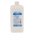 Weiße plastikflasche hygo clean handpflegecreme revitalisierend 1000 ml mit blauem etikett und anwendungsbild