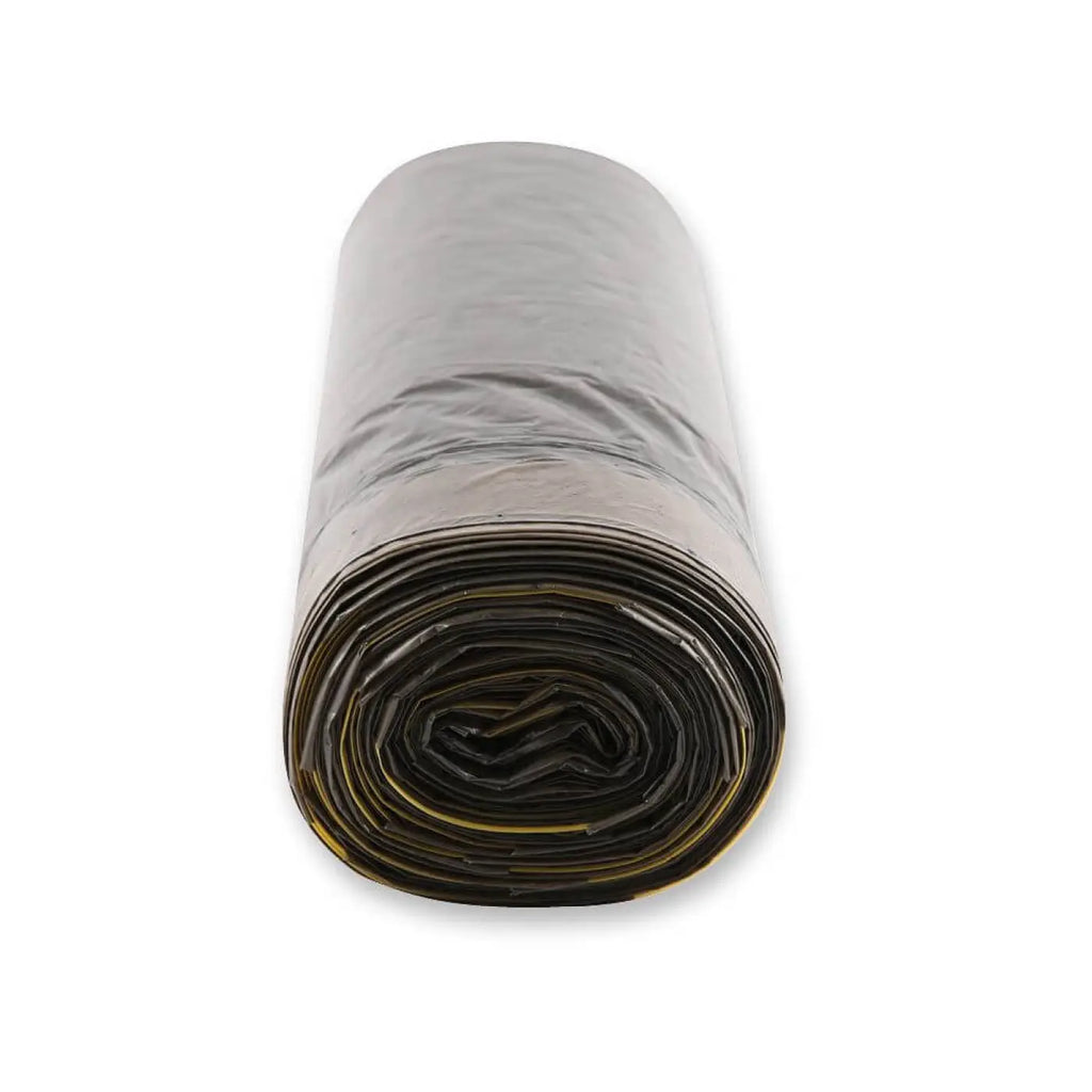 A roll of black hygoclean müllbeutel 60l with yellow drawstring edge made of ldpe plastic trash bags