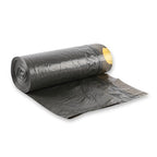 Hygoclean schwarze müllbeutel 60l mit zugband aus ldpe, teilweise aufgerollt mit gelbem rundem aufkleber