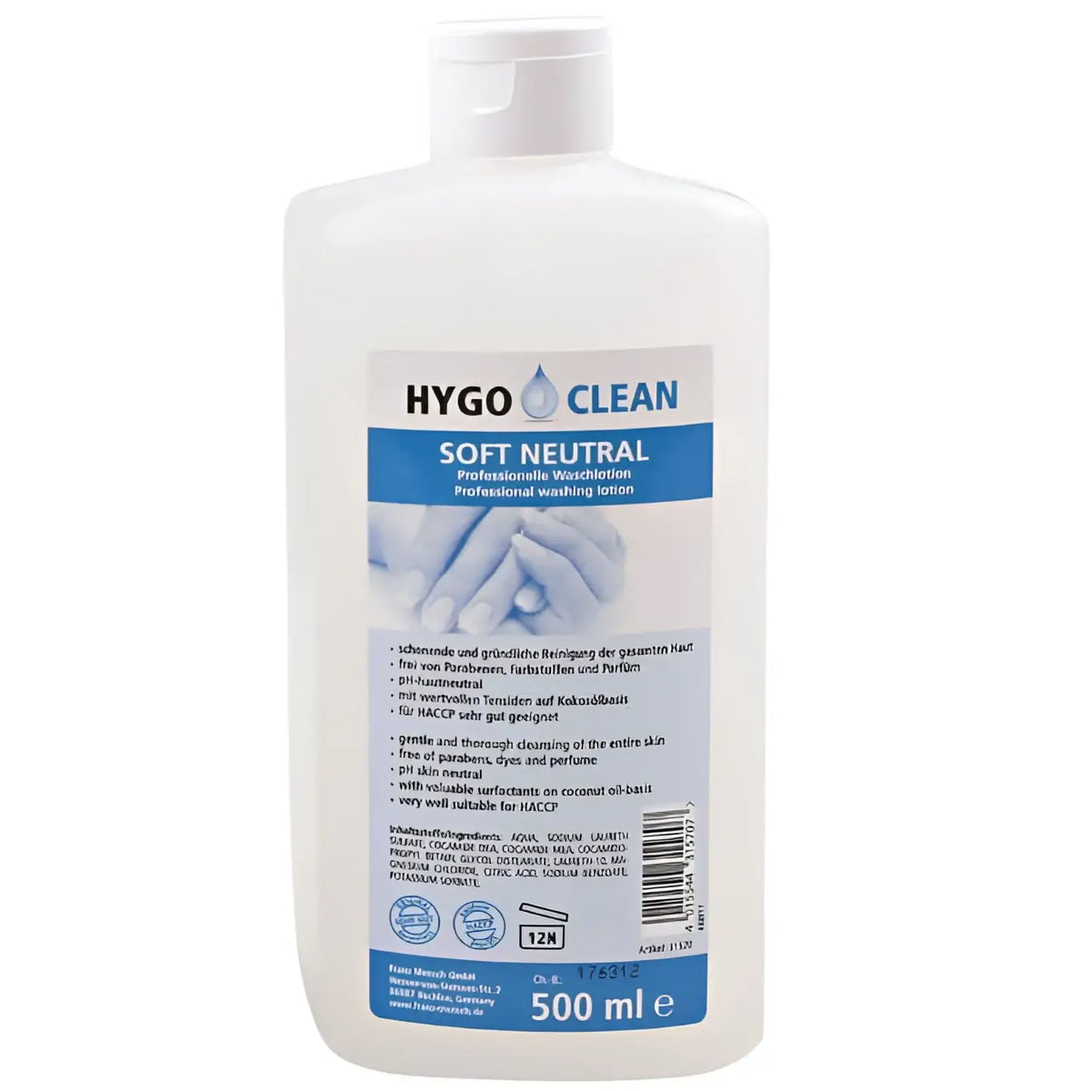 Weiße plastikflasche hygo clean soft neutral professionelle waschlotion 500 ml für sanfte reinigung