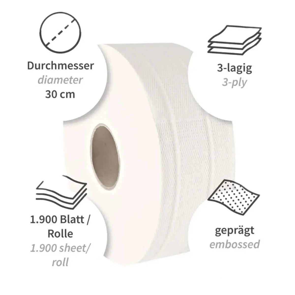 A weißer hygoClean jumbo 3-lagig Zellulose Toilettenpapierrolle mit 30 cm Durchmesser und geprägter Struktur