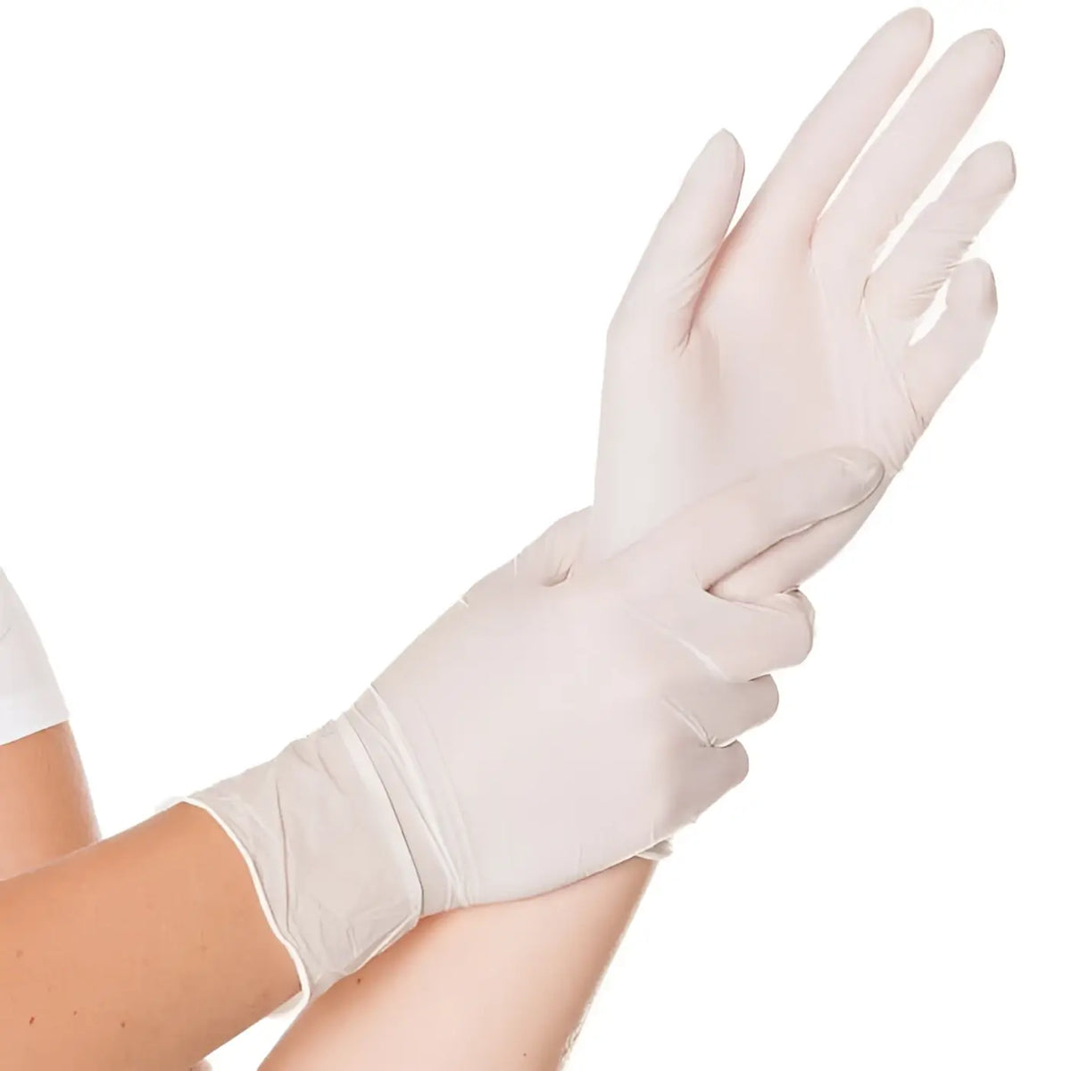 Ein paar weiße nitril-handschuhe von hygienorm allfood safe werden an den händen getragen