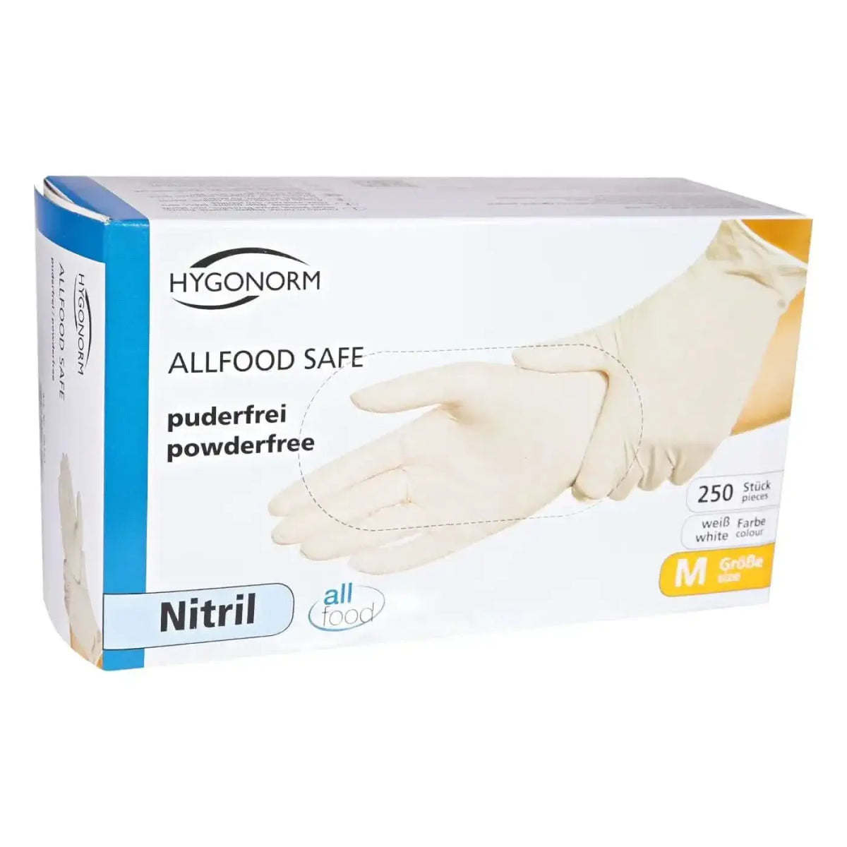 Weißes nitril-handschuhe in hygonorm box, puderfrei und allfood safe, 250 stück für lebensmittelsicherheit