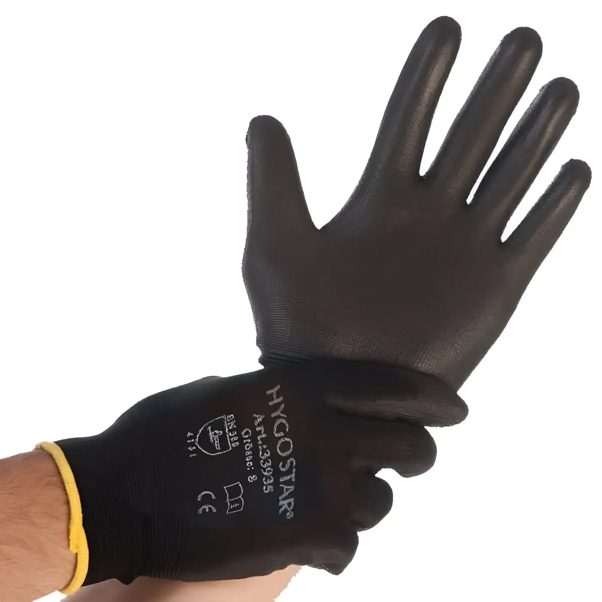 Schwarzer hygostar arbeitshandschuh black ace mit strukturierter grip-fläche und gelbem bund, rückansicht