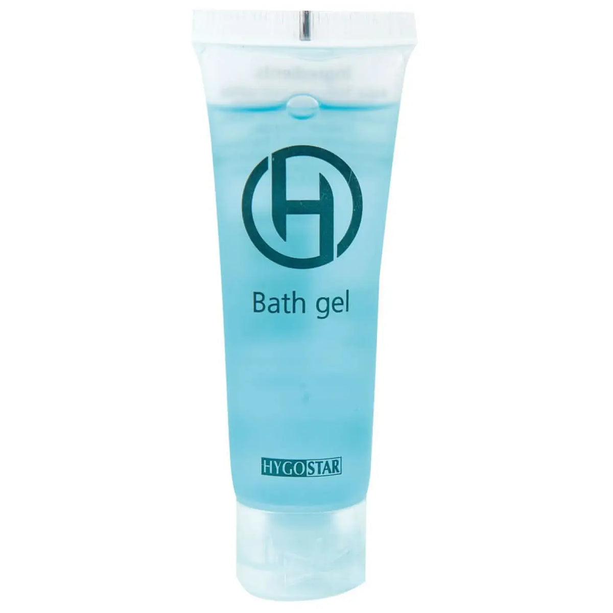 Transluzenter hellblauer hygienster duschgel tube 30ml mit schwarzem logo und bath gel text in 50 stück packung