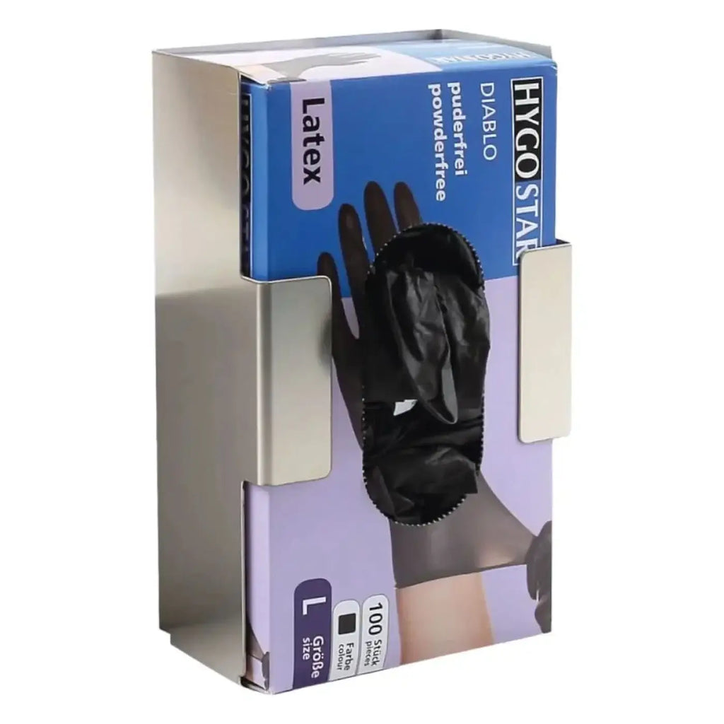 Hygostar handscheuhspender single edelstahl mit schwarzen latexhandschuhen in einer metallhalterung