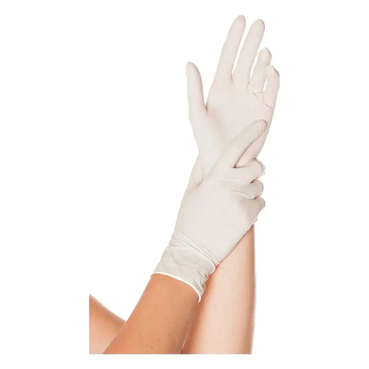 Eine paar weiße hygostar latex-handschuhe sense aus latex mit glatter oberfläche und leicht zulaufenden fingern