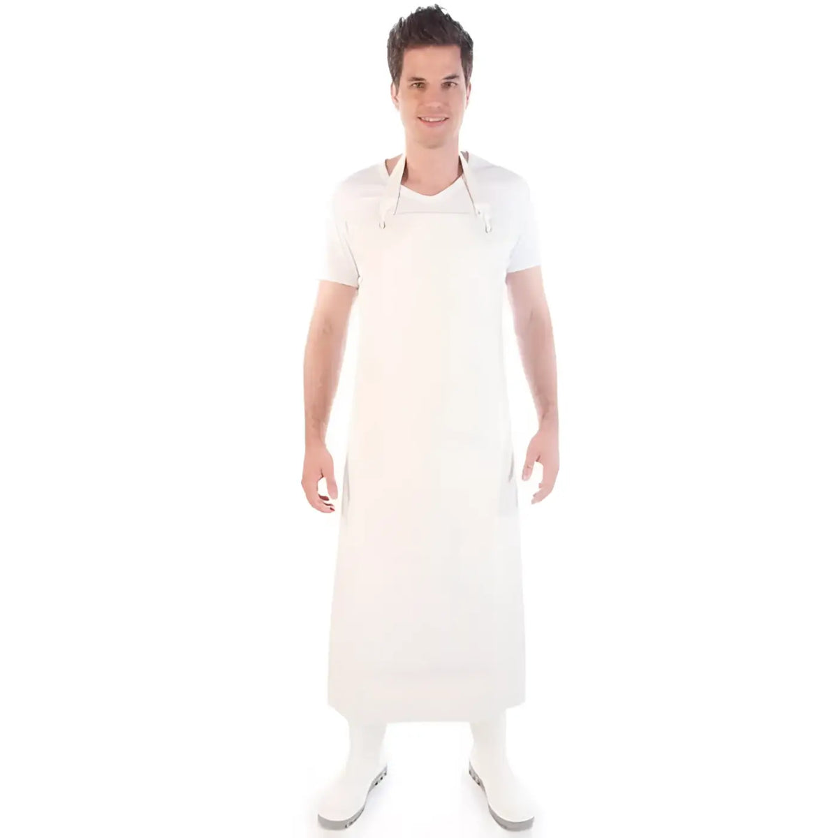 Weiße full-length latzschürze hygostar strong rubber gummi aus robustem gummi für starken schutz beim arbeiten
