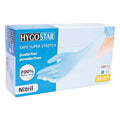 Box mit blåuen hygo star nitril-handschuhen safe super stretch blau 100 stück, puderfrei und 700% dehnbar