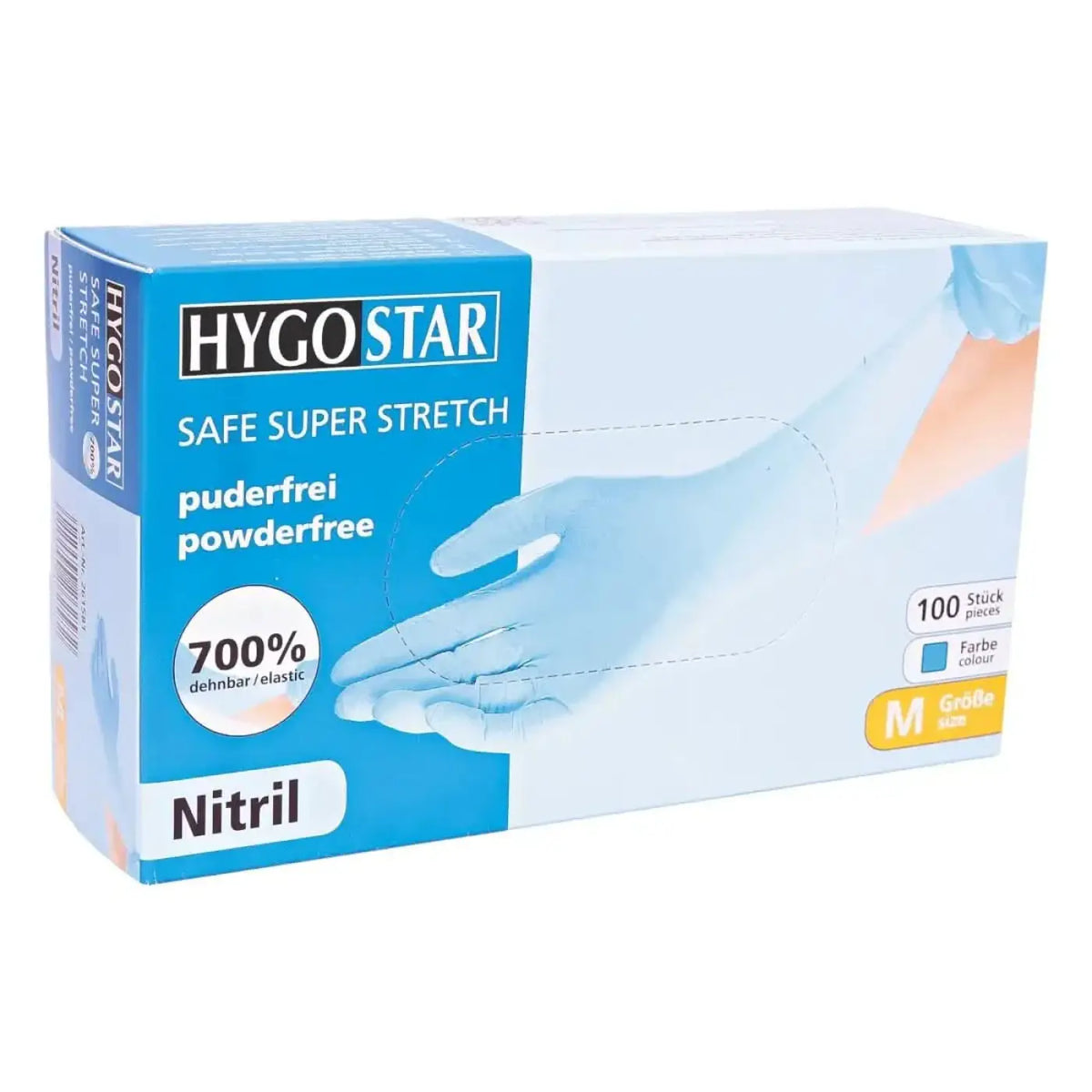 Box mit blåuen hygo star nitril-handschuhen safe super stretch blau 100 stück, puderfrei und 700% dehnbar