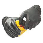 Hygostar power grip lange nitril-handschuhe schwarz mit texturierter griffoberfläche öffnen gelben behälter