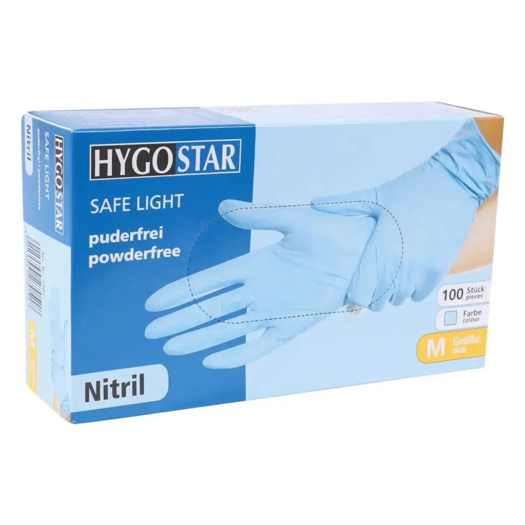 Hygostar safe light nitril handschuhe blau powderfree gr m in 100er box aus nitril material