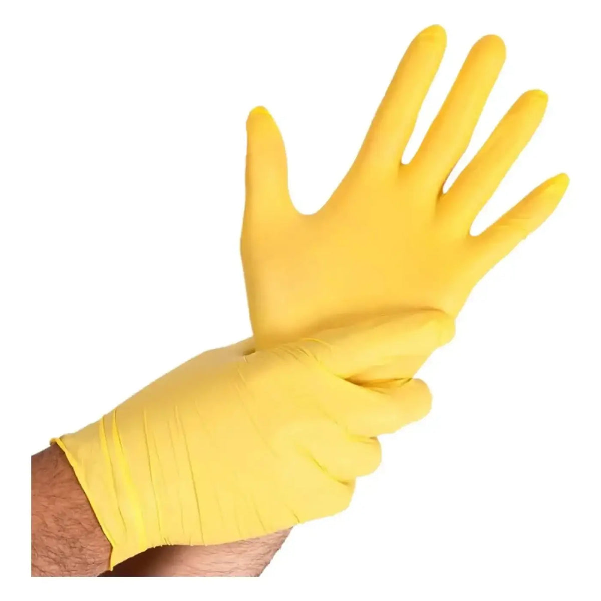 Hand mit bright yellow hygostar safe light nitril-handschuhen gelb getragen aus 100 stück packung