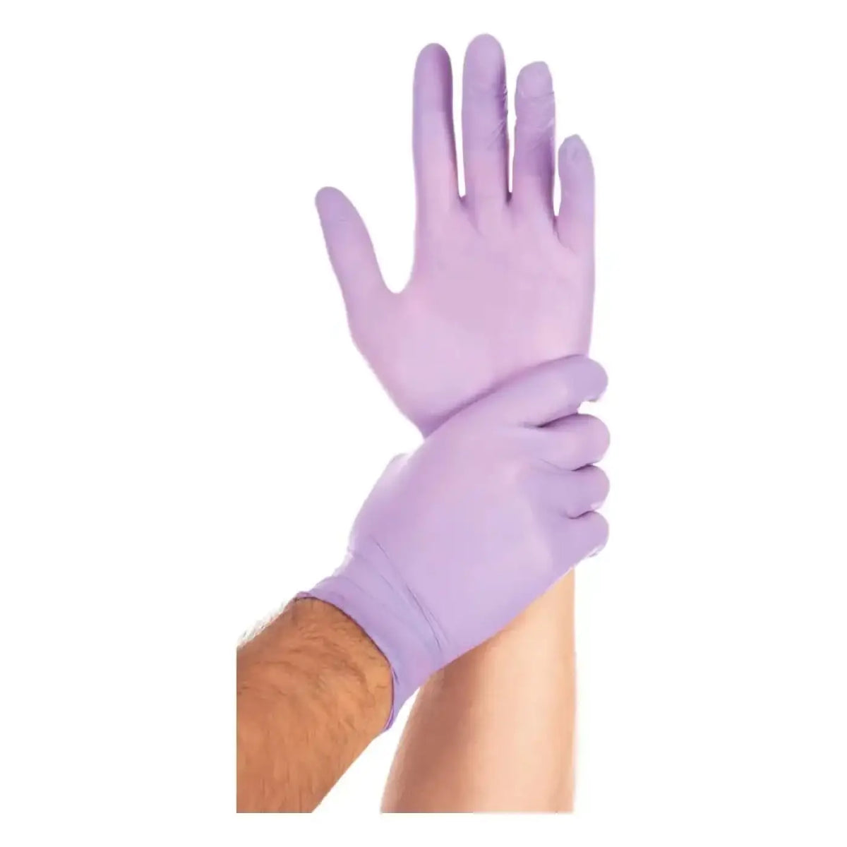 Ein hand trägt ein lavendelfarbenes, latexfreies einweghandschuhpaar von hygostar safe light nitril 100 stück