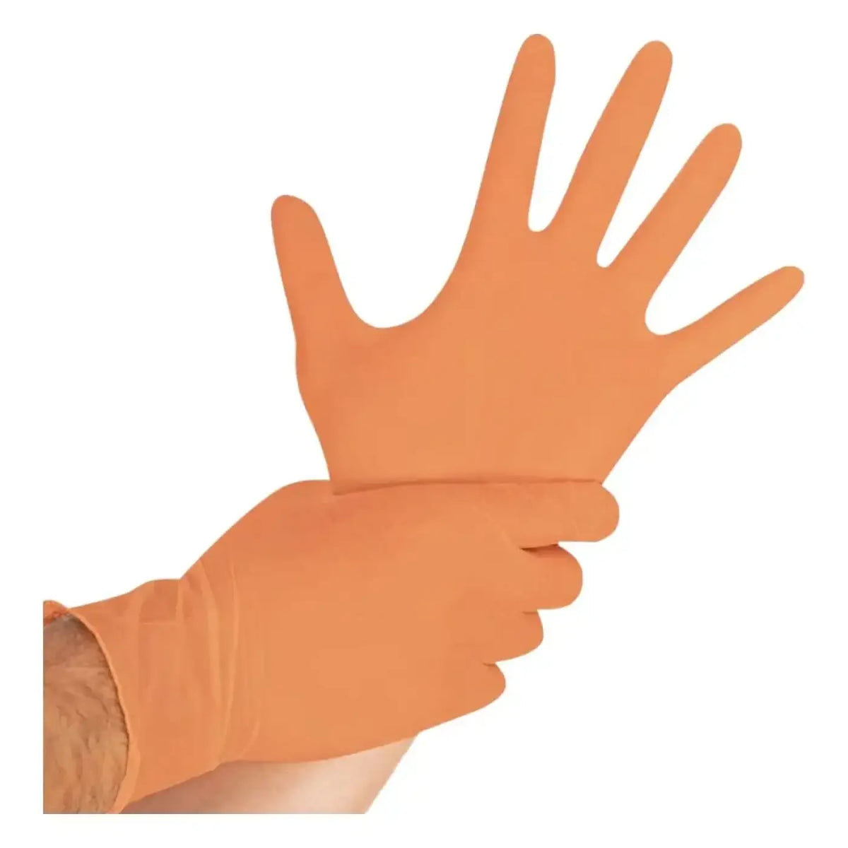 Ein hand trägt ein oranger latexhandschuh neben einem offen gehaltenen orangen hygostar safe light nitril-handschuh