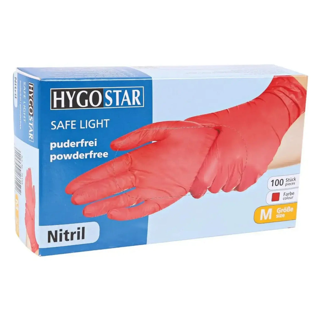 Hygostar safe light rote nitrilhandschuhe in mittelgröße 100 stück pulverfrei im blau weißen hygo star karton