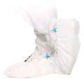 HygoStar weißer schuhüberzieher mit blauen kunststoffverschluss und schwarzen perforationen am zehenbereich mit pp/cpe-beschichtung