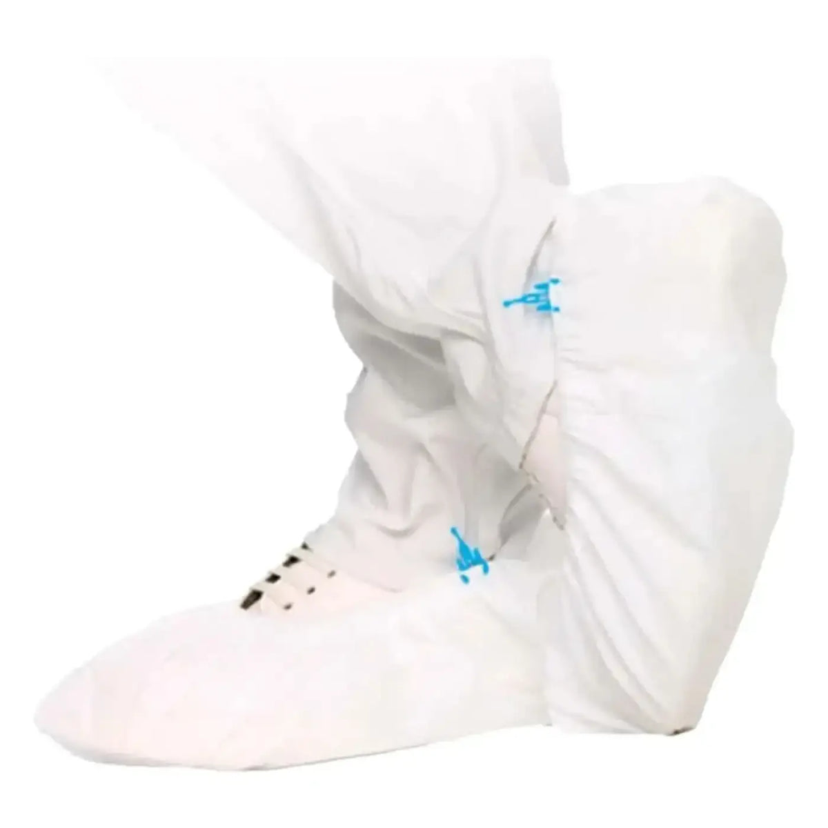 HygoStar weißer schuhüberzieher mit blauen kunststoffverschluss und schwarzen perforationen am zehenbereich mit pp/cpe-beschichtung