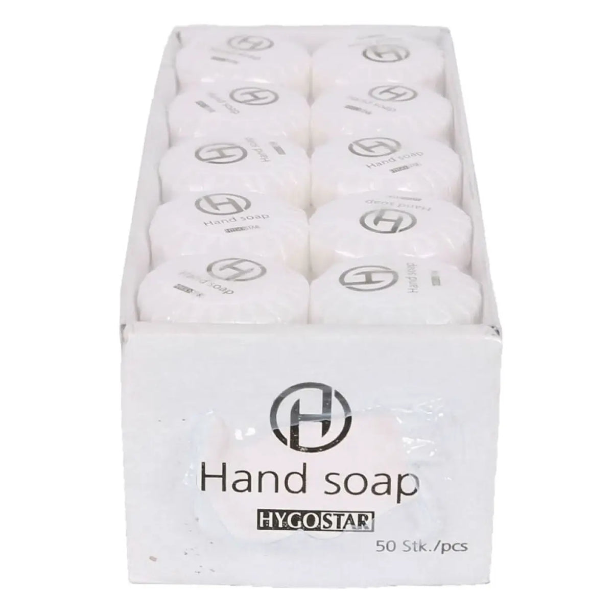 Weiße runde handseifenstücke mit hygostar logo in einer box hygienisch und hautschonend 50 stück