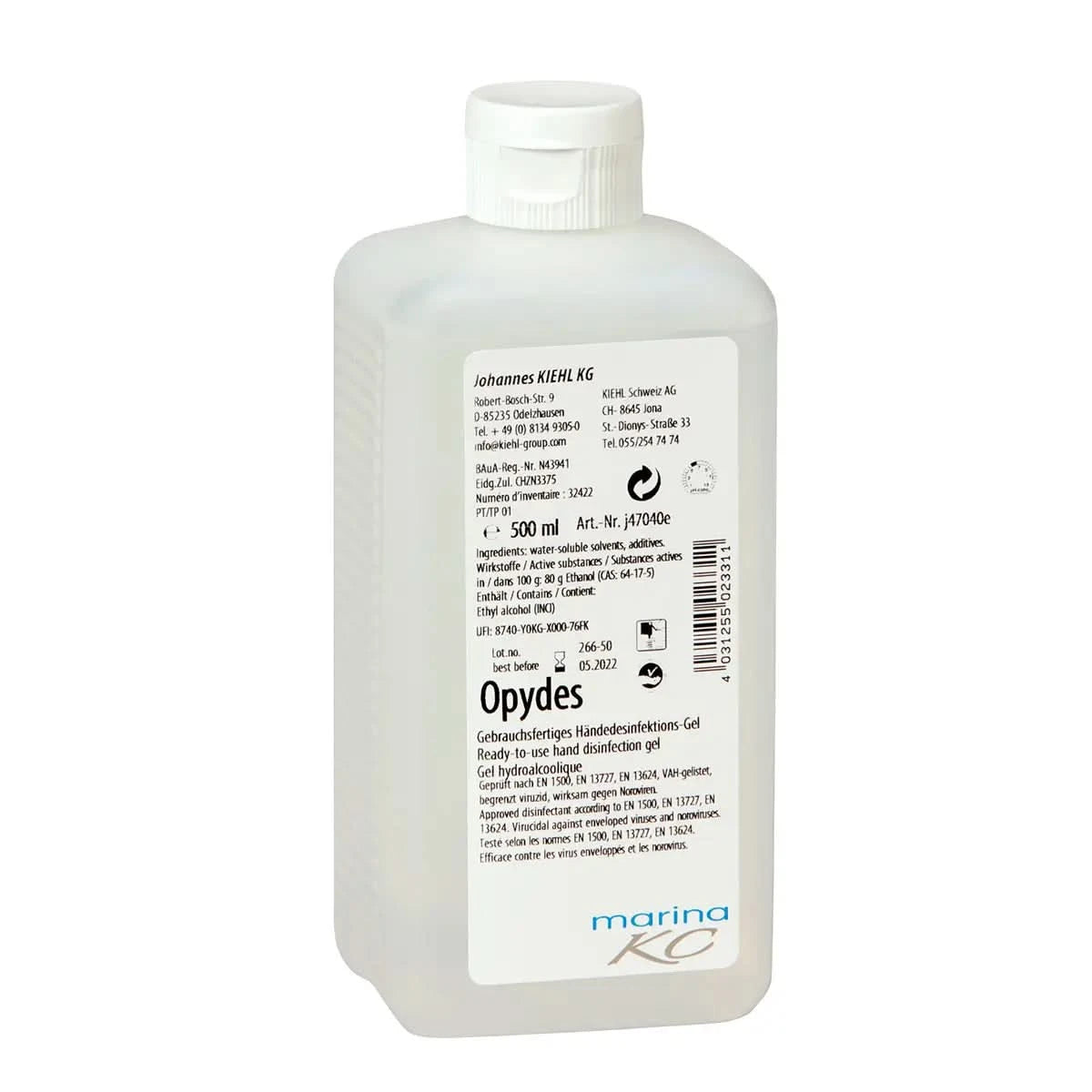 Klarer kunststoffflasche mit weißem deckel und etikett enthaltend kiehl opydes marina kc händedesinfektions-gel 500 ml