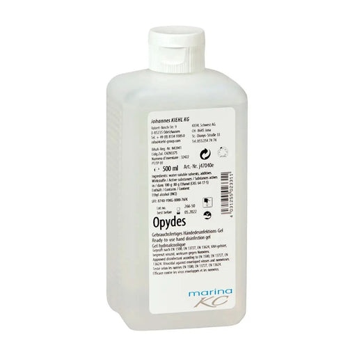 Klarer kunststoffflasche mit weißem deckel und etikett enthaltend kiehl opydes marina kc händedesinfektions-gel 500 ml