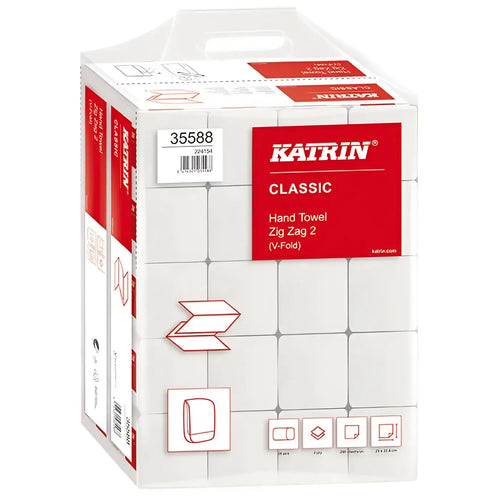 Weiße katrin classic handtuchpapier 2-lagig v-falz zz 4000 blatt in rotem und weißem verpackungskarton