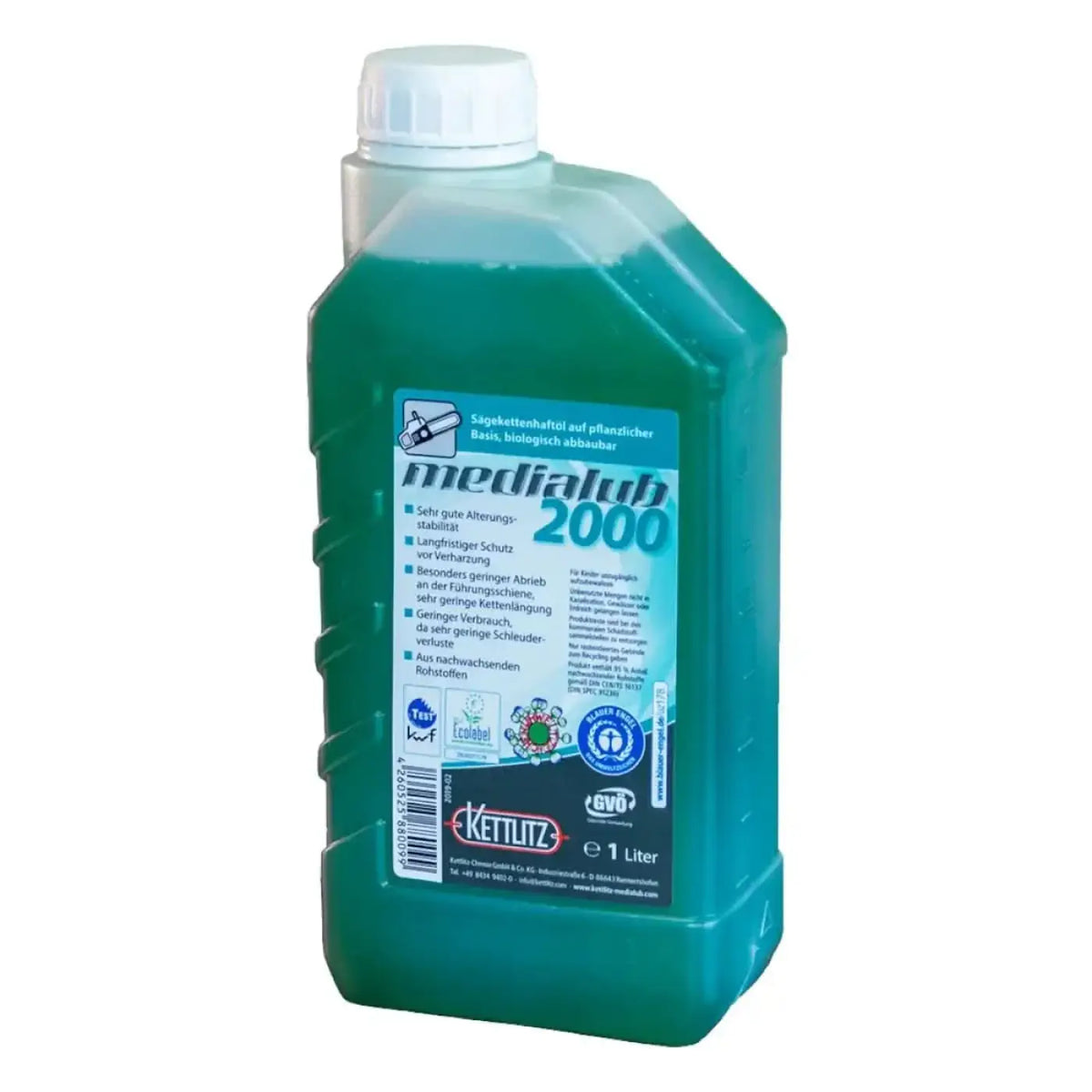 Grüne plastikflasche mit weißem deckel und etikett medialub 2000 von kettlitz mit einem liter bio kettensägenöl