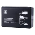 Schwarzer rechteckiger kfz-verbandskasten actiomedic mit weißem kreuz und fahrzeugumriss nach din 13164 standard