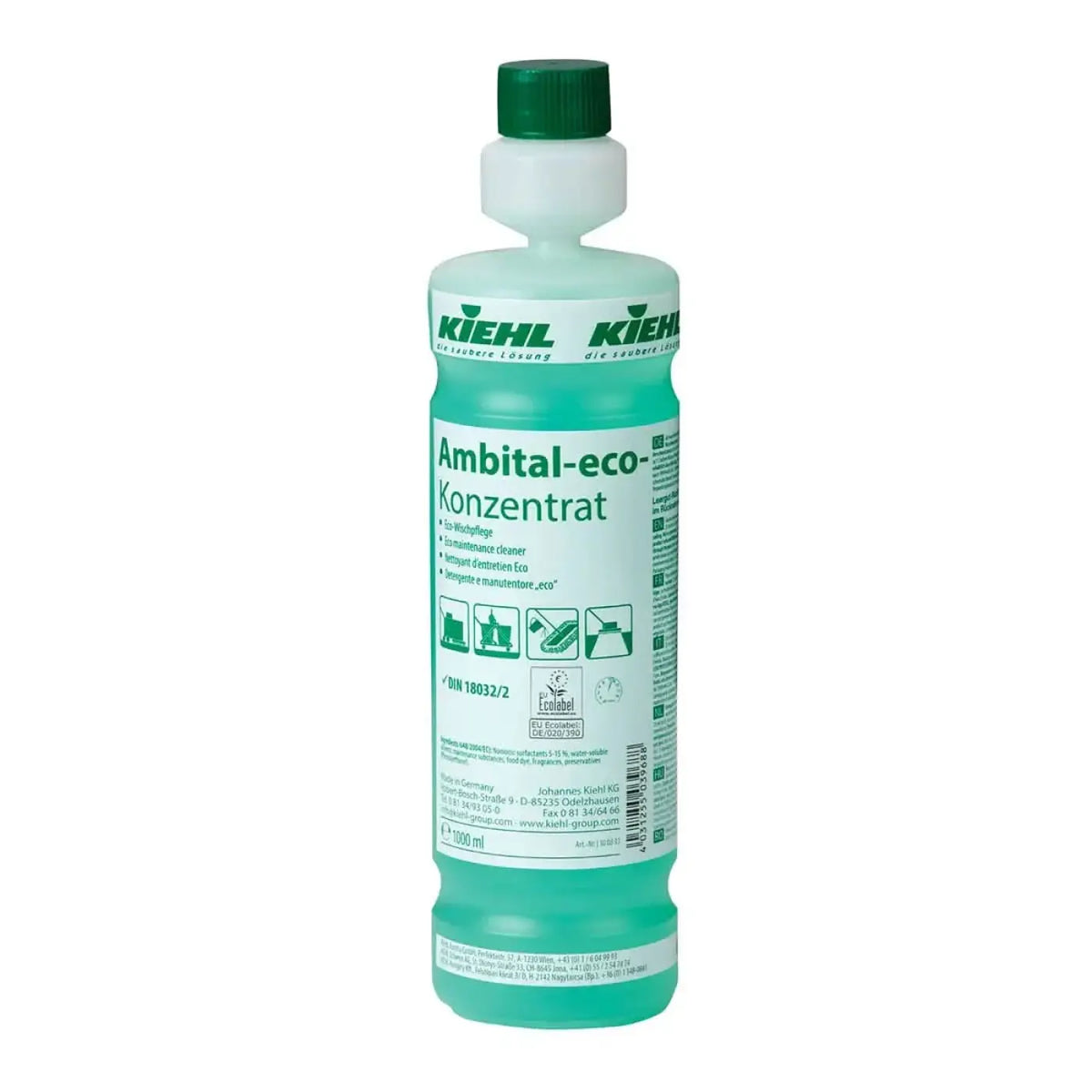 Eine transluzente grüne flasche kiehl’s ambital-eco-konzentrat 1l mit weißem hals und dunkelgrünem deckel für wischpflege