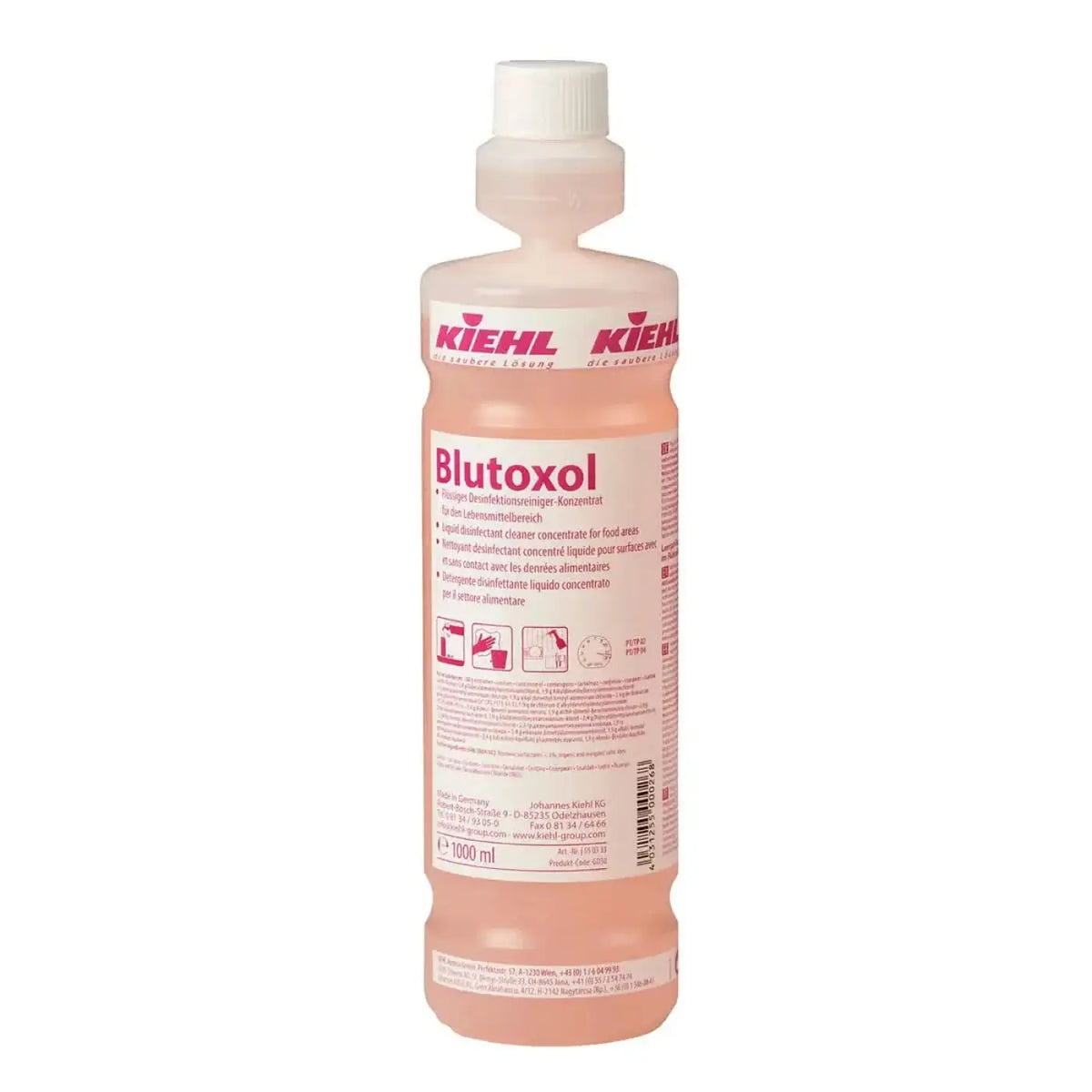 Kiehl blutoxol desinfektionsreiniger 1l pinke flüssige konzentratreiniger in klarer plastikflasche mit weißem schraubverschluss