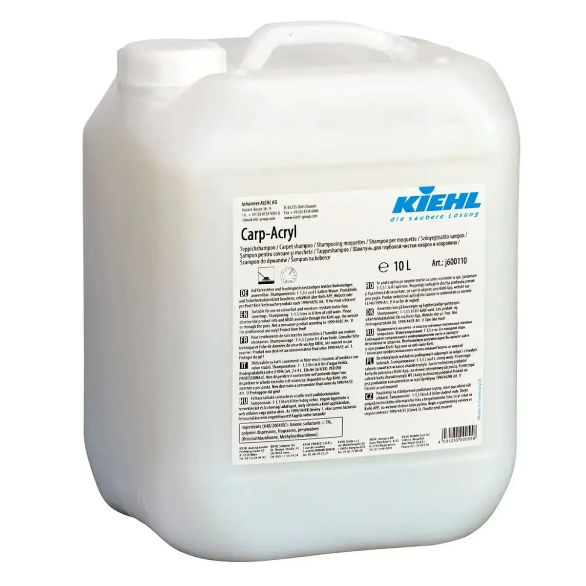 Weißer kunststoffbehälter mit blauem und schwarzem kiehl’s carp-acryl teppichshampoo etikett 10 liter volumen