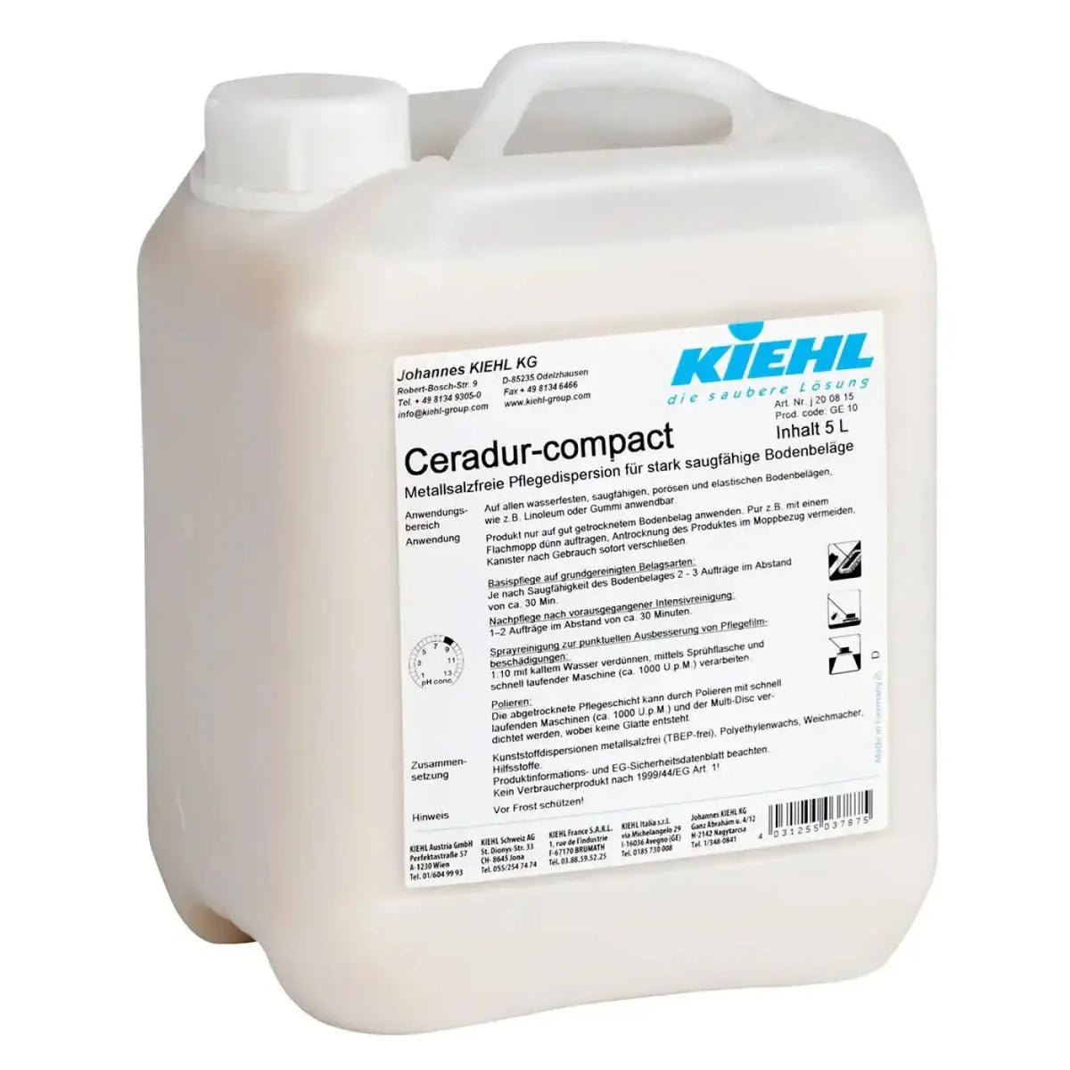 Weißer kunststoffkanister mit griff und zwei verschlüssen labeled ceradur-compact von kiehl in 5l volumen