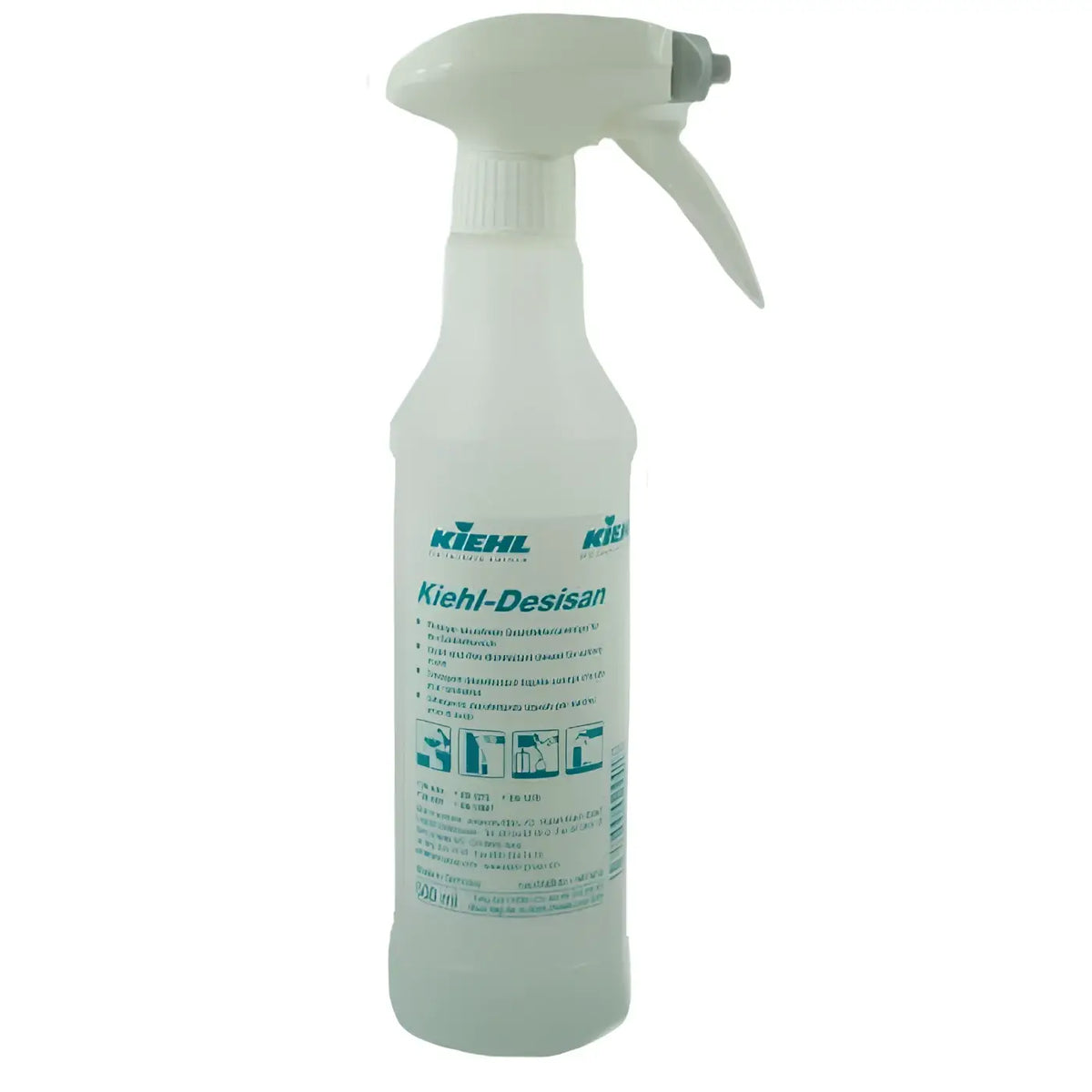 Weiße kunststoff-sprühflasche mit grauem abzug und teal etikett für kiehl desisan reinigungslösung 500ml