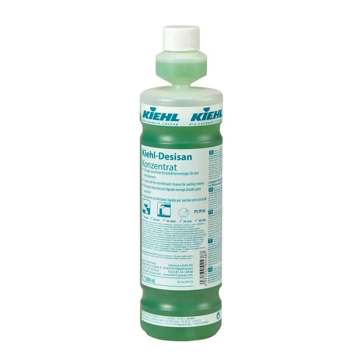 Grüner kiehl desisan konzentrat desinfektionsreiniger in 1000 ml plastikflasche mit weißem schraubverschluss