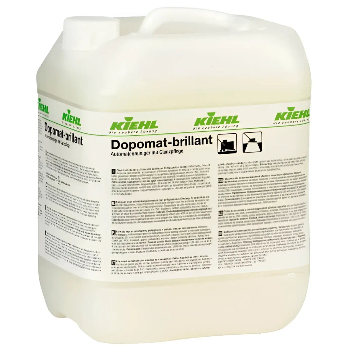 Weiße plastikkanne mit kiehl dopomat-brillant automatischem geschirrspülreiniger 10l mit grün-weißer etikettierung