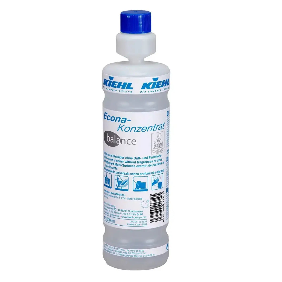 Klarer kunststoffflasche mit blauem deckel und weißem etikett der marke kiehl’s econa-konzentrat balance allroundreiniger 1l