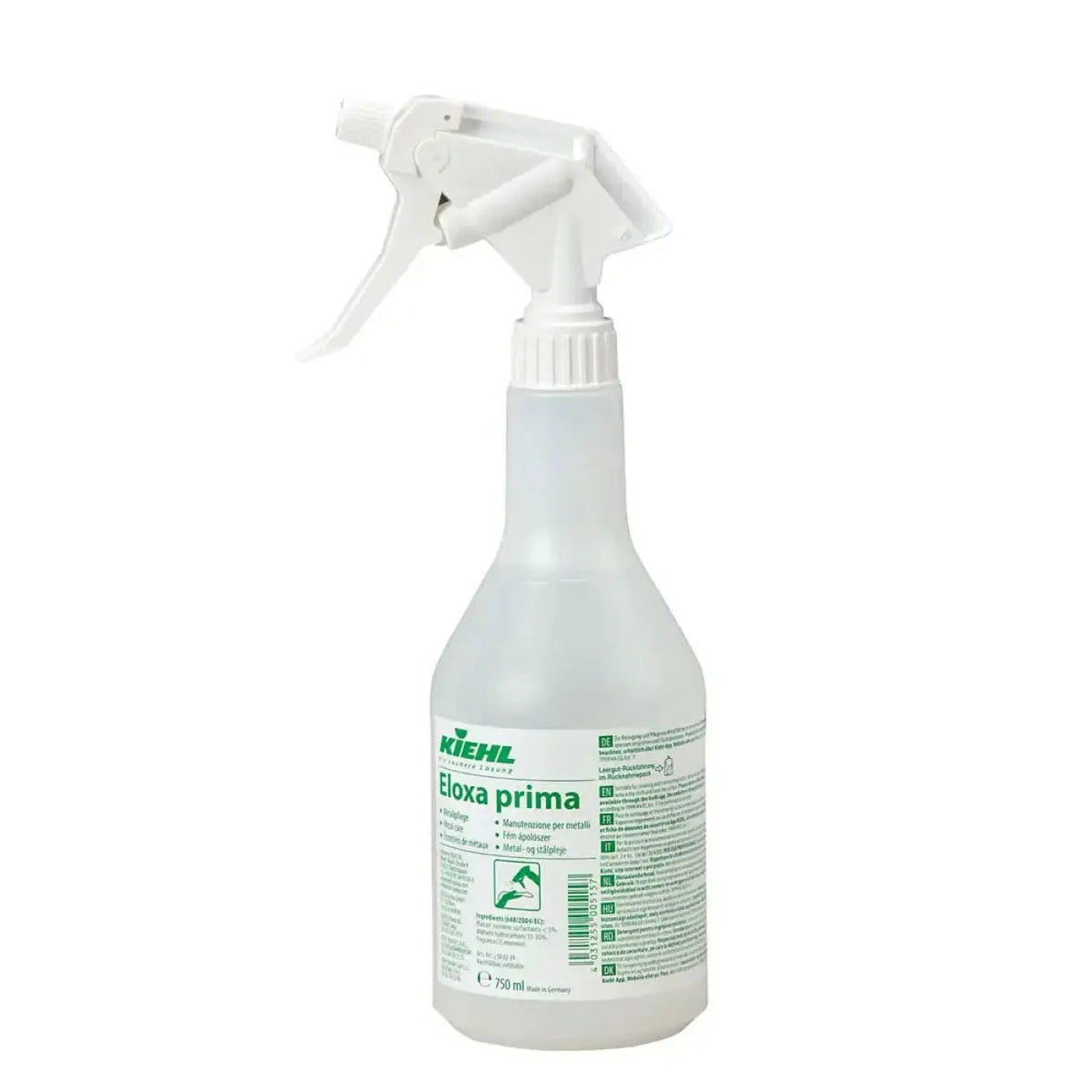 Weiße kunststoffsprühflasche mit weißer abzugdüse und grüner etikettierung kiehl eloxaprima metallreiniger 750ml